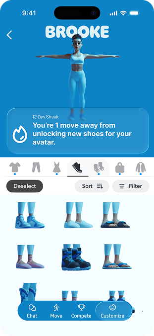 App interface showing outfit customization
